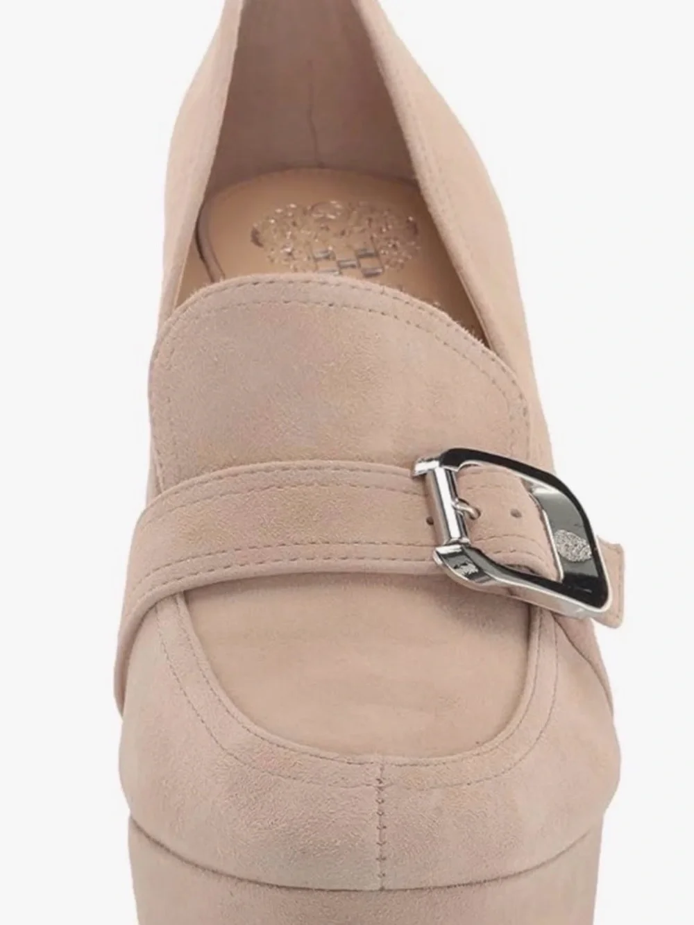 Vince Camuto Almond Beige Suede Platform Loafers with Silver Buckle